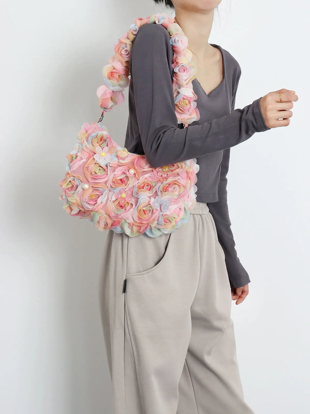 3D Lace Flower Underarm Bag 2026 Spring New Pink Fairy Temperament Romantic Sweet Fashionable Crossbody Bag Women's Shoulder Bag