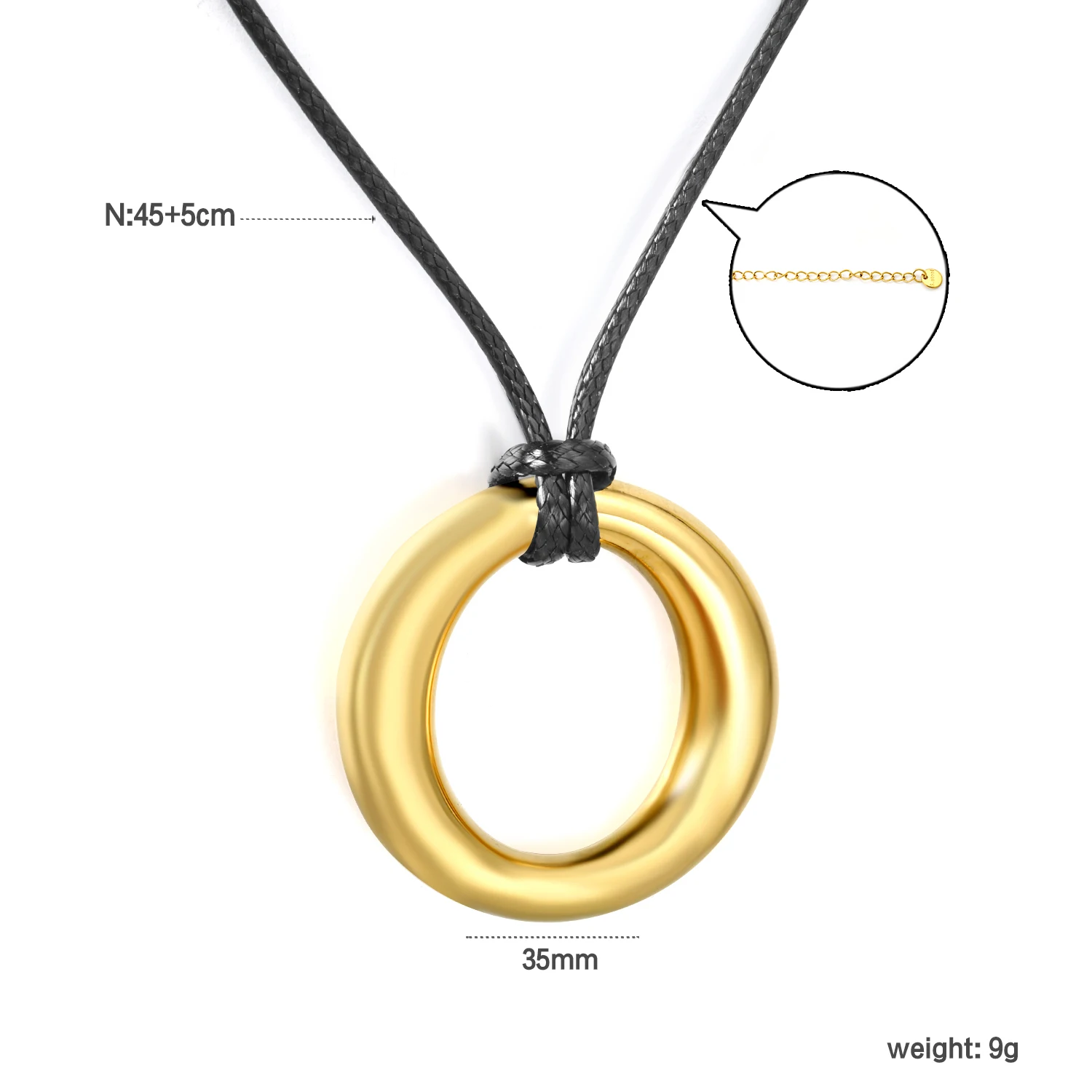 O-shaped Circular Pendant with Black Rope Necklaces 18K Gold Plated Skeleton Round Sweater Collier 316L Stainless Steel Jewelry
