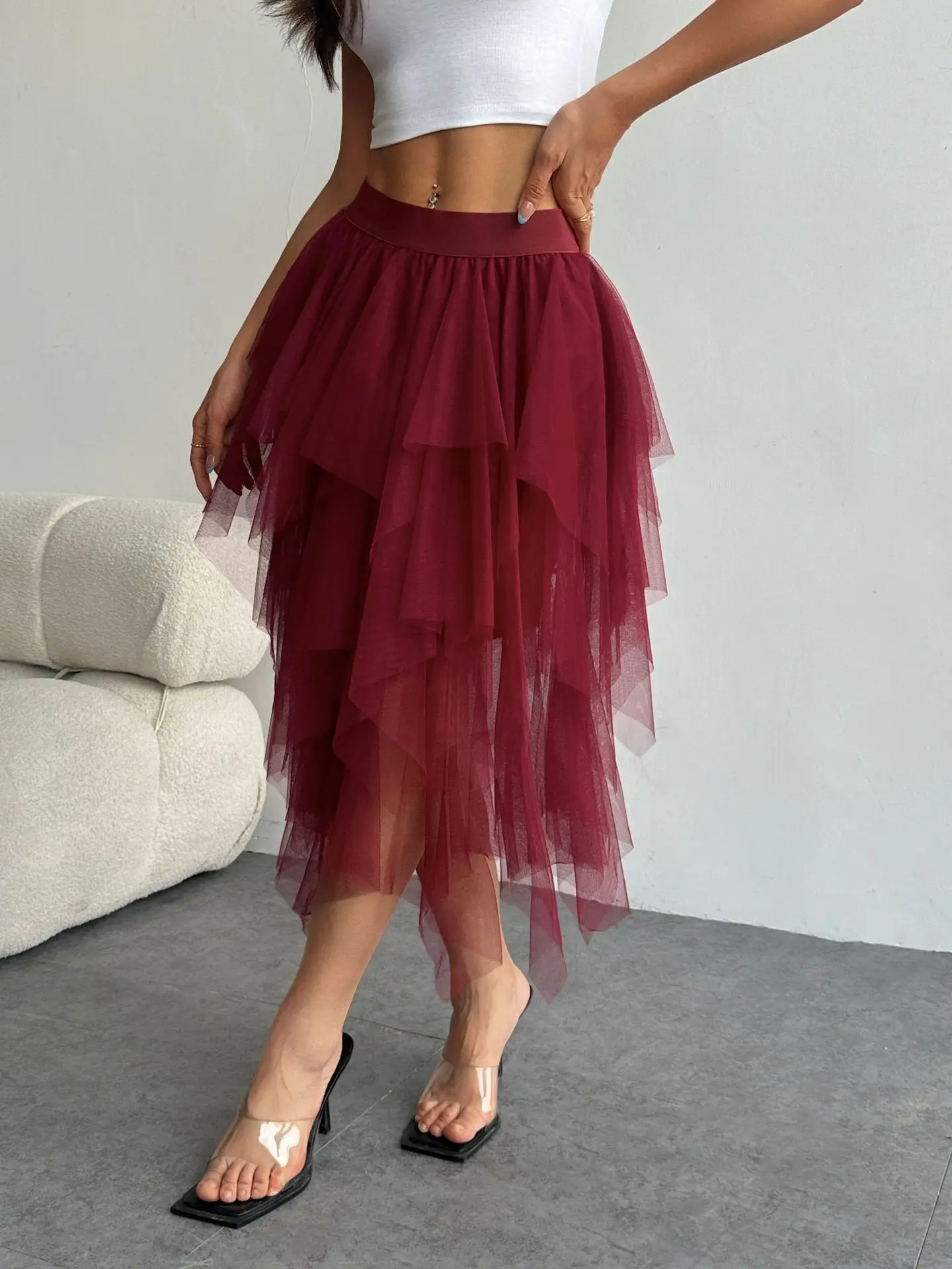

High Waist Asymmetric Net Skirt Women's Mid-Length Spring New Style Slimming Skirt Polyester Fiber Plain Color Decorative Tulle