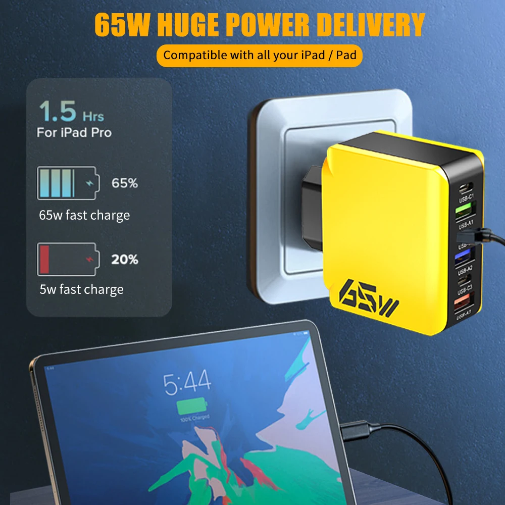 携帯電話用USB急速充電器,65W,タイプC,6ポート,PD,急速充電,iPhone, Xiaomi, Samsung用電源アダプター