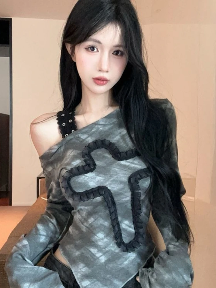 Y2k Aesthetic Irregular Tie-dye Vintage Tshirts Streetwear Skew Collar Bodycon Tshirts Harajuku Women Grunge Patchwork T-shirt