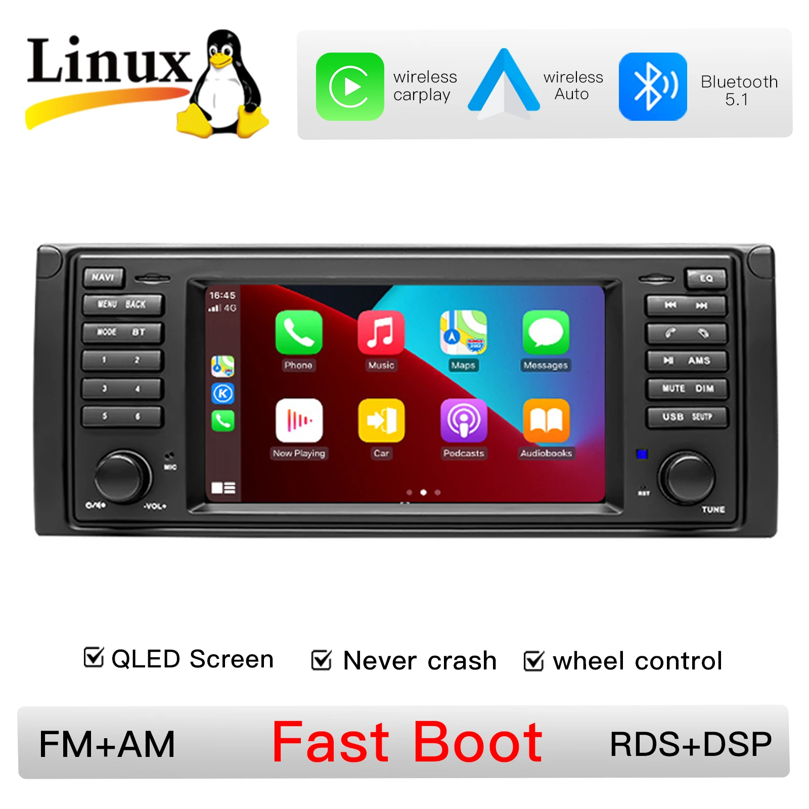 7" 2DIN 1280*720 Linux autoradio voor BMW X5 E53 E39 M5 1996-2007, met draadloze CarPlay, Android Auto, multimedia-speler, GPS-navigatie, FM, RDS, DSP, achteruitrijcamera, hoofdunit, stereo en
