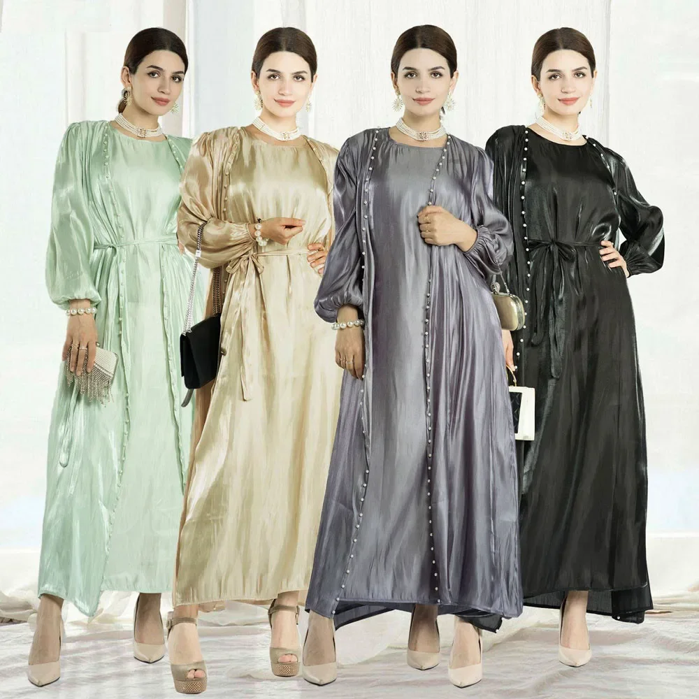 Eid Morocco Caftan Elegant Muslim Abaya Women Dress 2 Piece Set Abayas Gowns Dubai Arabic Silk Satin Kimono Cardigan Robe Party