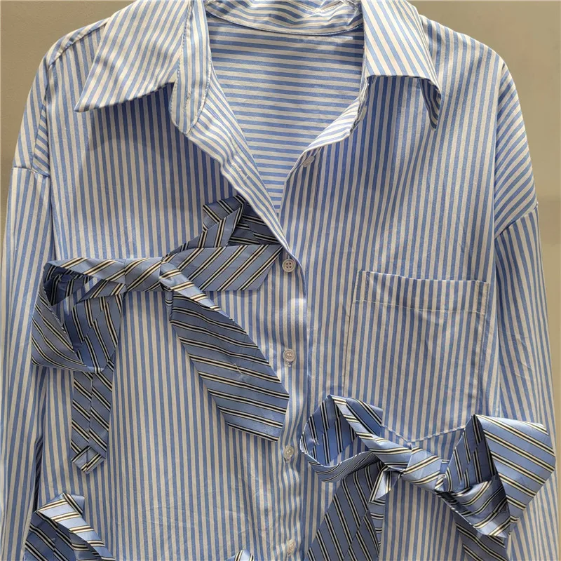 2024 Autumn New Casual Sweet Cool Style Lapel Long Sleeve Tie Shirt Blouse Female Elegant Bow Blue Striped Shirts Top for Women