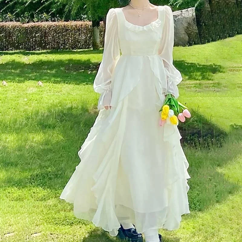 

Women's Summer Long Dress New French Vintage Mesh Party Dress Elegant O-neck Long Sleeve Princess Dresses Woman Spring 2022