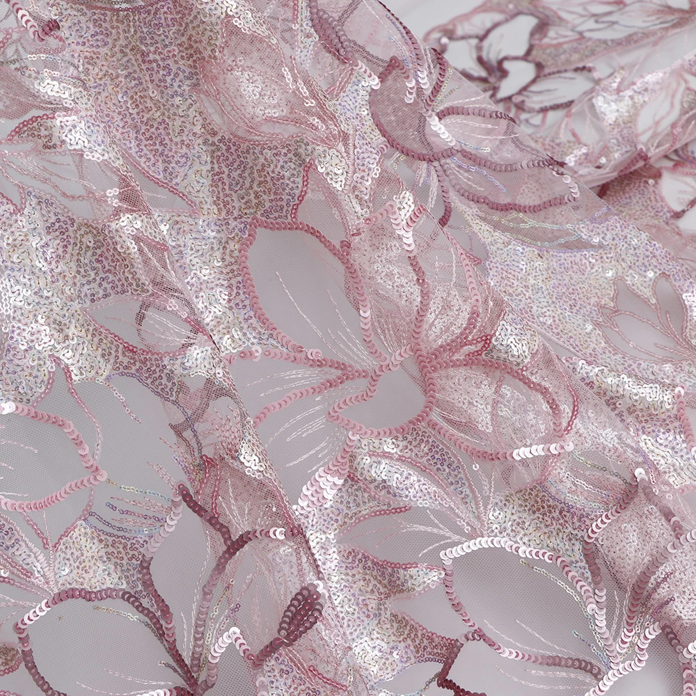 High quality gauze tissu Pink purple Sequin large flower three-dimensional embroidery sewing Cheongsam dress fabric