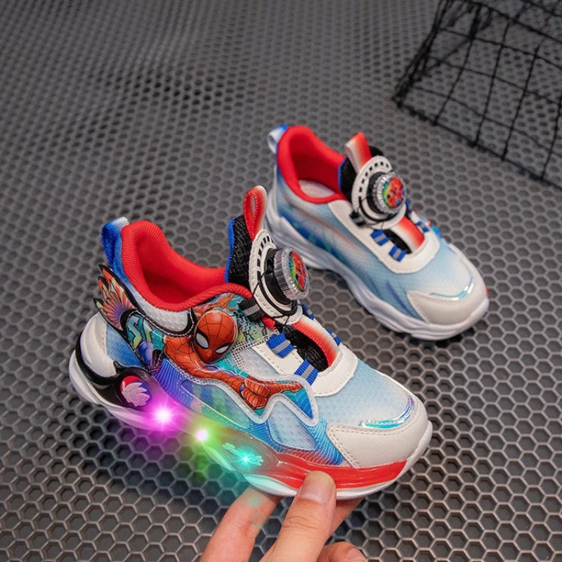 Disney Kinder Licht Sportschuhe Frühling Herbst Rotierenden Knopf Mesh Atmungsaktive Leucht Jungen Laufschuhe Größe 26-35
