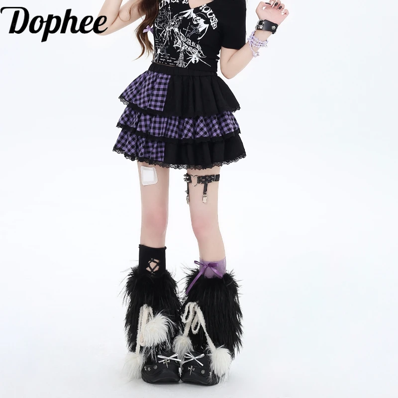 

Dophee Original Subculture Grid Splicing Cake Skirt Spice Girls Elegant Lace Elastic Waist Short A-line Women Mini Skirt Y2k