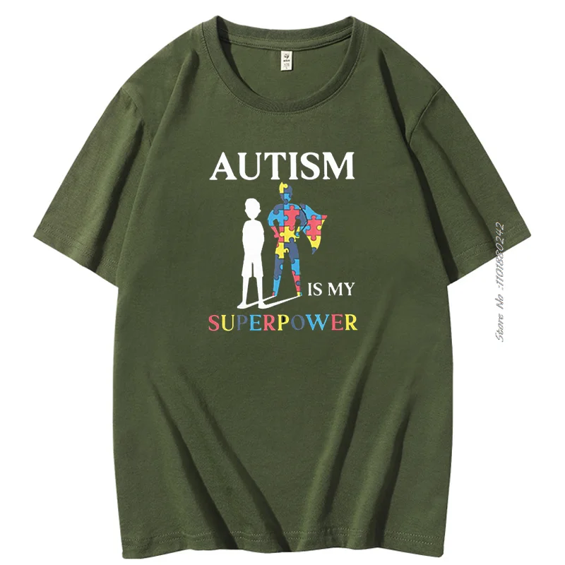 Autism Is My Super Power Puzzle Piece Cotton Funny men\'s short sleeve t-shirt Autism Graphic Tee Summer Men\'s clothing