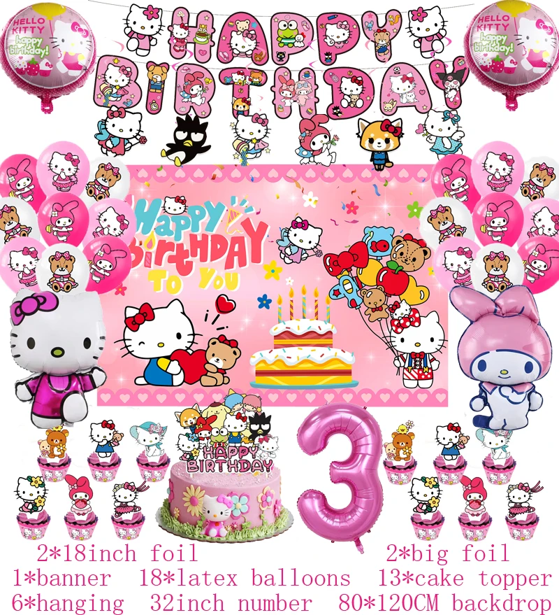 Hello kitty Birthday Party Decoration Tableware Supplies Hello kitty Melody Foil Balloon Backdrop Banner Cake Topper Baby Shower