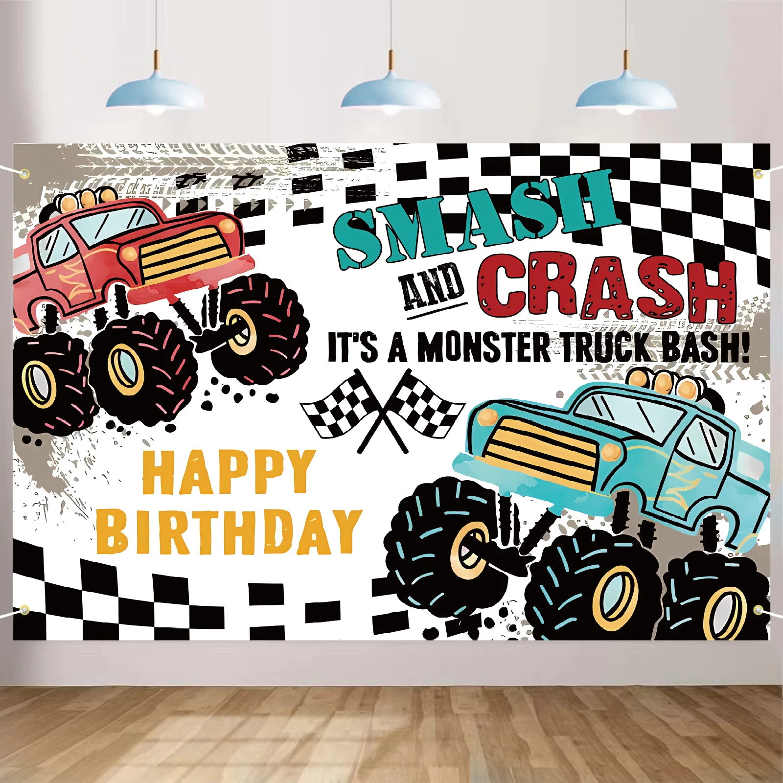 Fondo de fiesta de cumpleaños con temática de camión, monstruo, feliz cumpleaños, fotografía, mermelada, llama ardiente, coche, Grave, Digger, decoración de fiesta