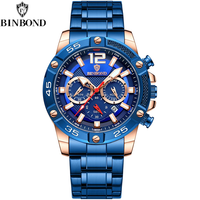 BINBOND Business Men Quartz Watches Sport Waterproof WristWatches Stainless steel Strap Chronograph Date Clock Relogio Masculino