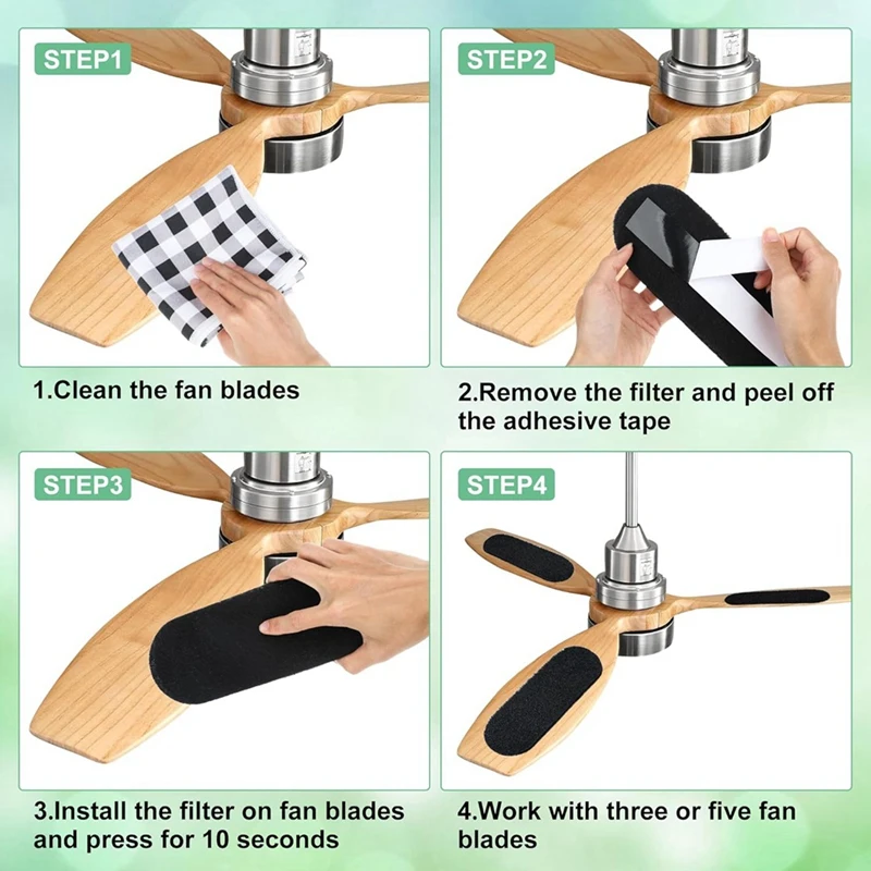 F4S-c10 Pcs Ceiling Fan Blade Filters-Activated Coconut Carbon, Easy-Stick Ceiling Fan Blade Filters, Air Purifying for