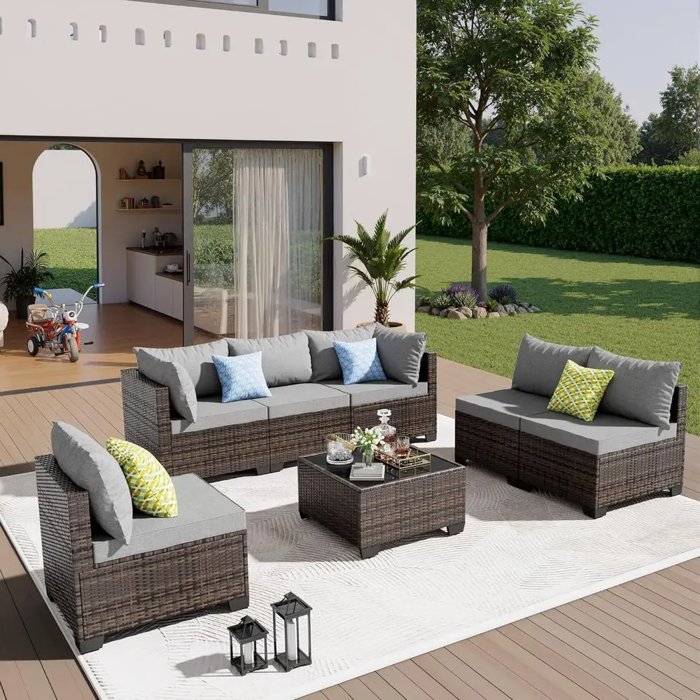 

7-Piece Outdoor Sectional Wicker Patio Furniture Set with Cushions and Glass Table for Backyard, Poolside, Porch, and Outdoor Re