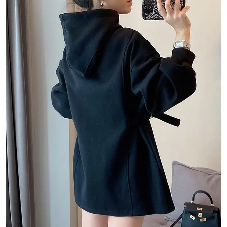 Thickened Hooded Sweatshirt with Added Fleece Mid to Long Length Short Skirt Women\'s Design Sense Loose Top New European Trend