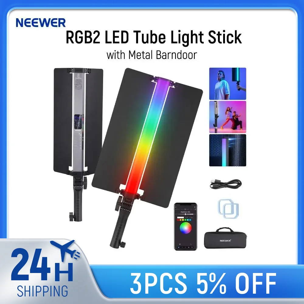

NEEWER RGB2 LED Tube Light Stick with Metal Barndoor, Touch Bar/APP/2.4G Control, Rechargeable Magnetic Handheld RGB Video Light