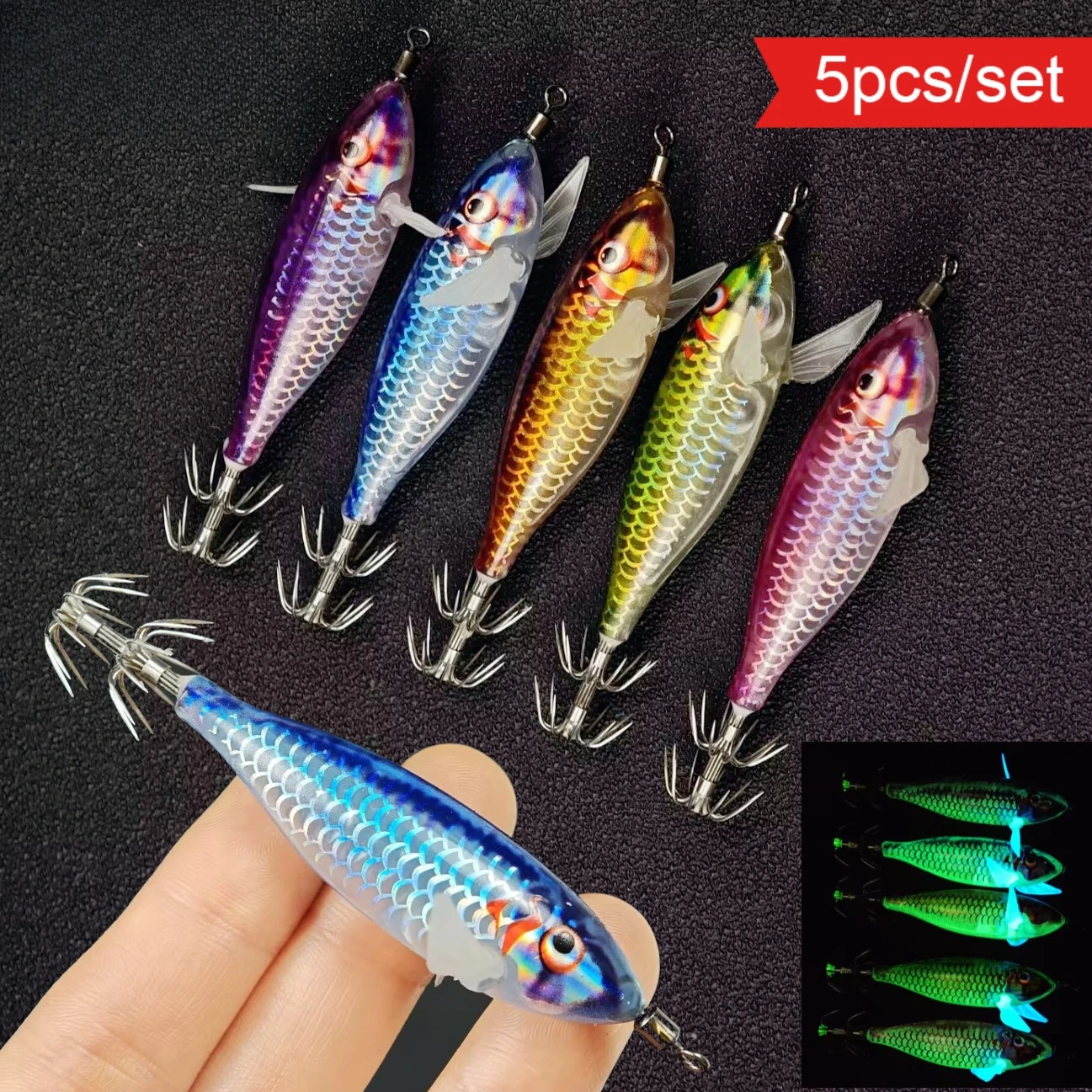 5 señuelos luminosos de calamar con escamas láser de 8 cm, cebo de camarón que brilla en la oscuridad para pesca de calamar, pulpo, camarón de agua salada y aparejos de pesca Eging
