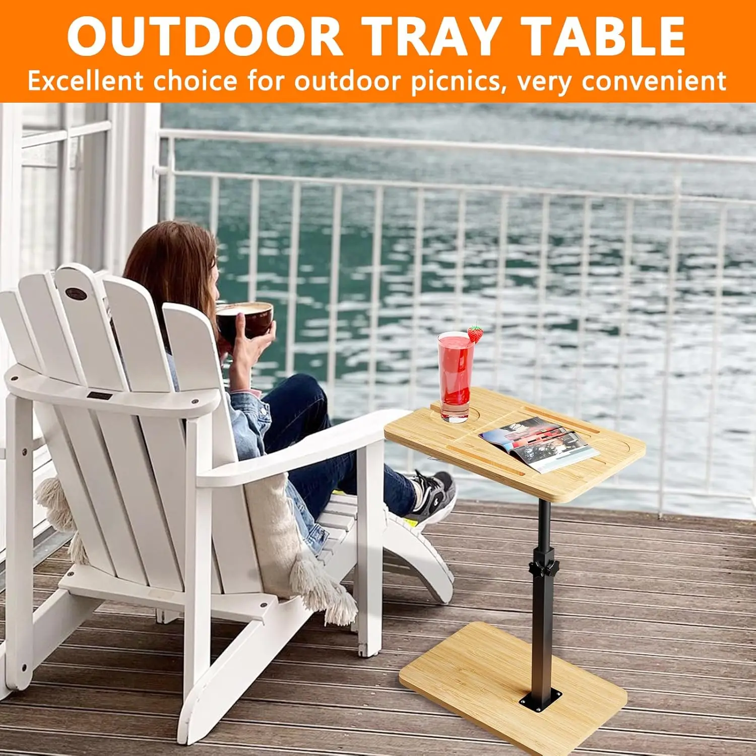 طاولة جانبية من الخيزران C 360 ° صينية تلفزيون دوارة للأريكة، طاولات جانبية للوجبات الخفيفة مع فتحة للهاتف والكمبيوتر اللوحي لحوض الاستحمام/الكرسي/السرير/الأريكة #6