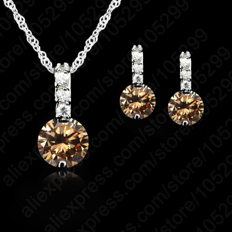Women Beauty Round Jewelry Set 925 Sterling Silver Color Cubic Zircon Pendant Necklace/Earring Women Wedding Gift Hoop Earrings