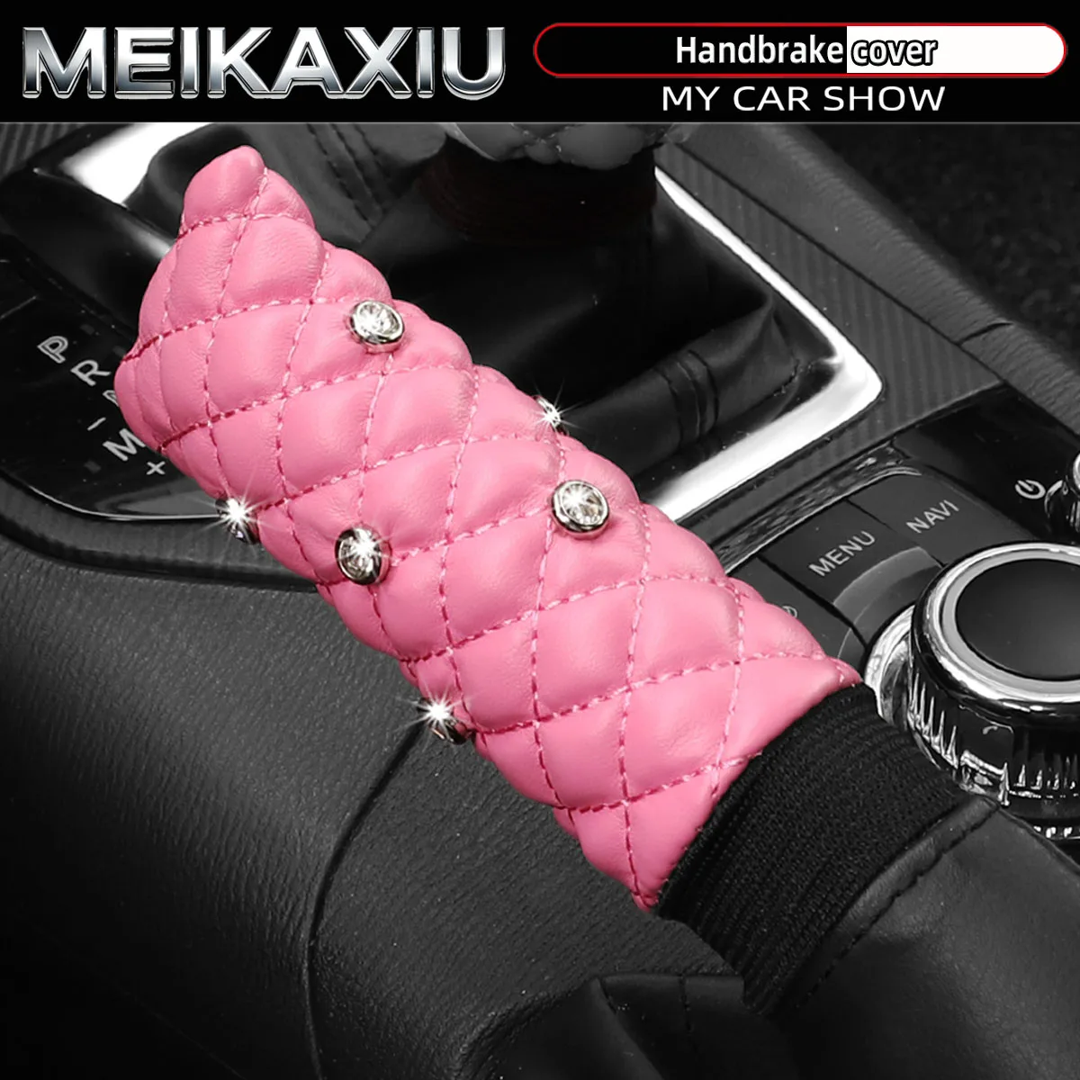 Set of 3D Inlaid Diamonds Soft PU Leather Embroidered Car Handbrake Cover Grip Women's Car Decoration Item