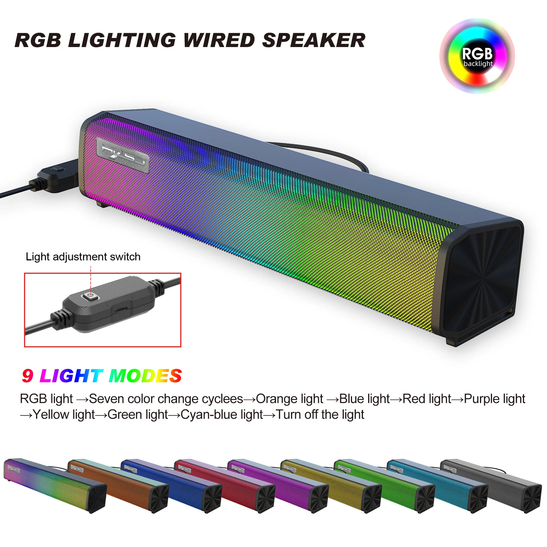 Hongsund computer speaker RGB luminous ABS material 9 kinds of lights adjustable strip audio desktop computer