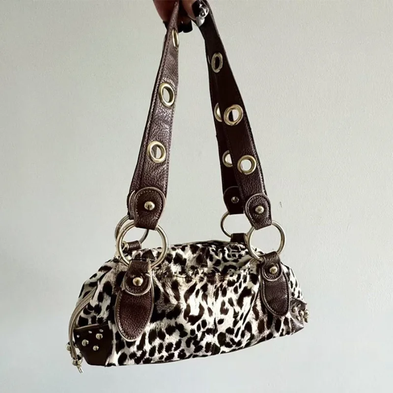 Y2k Retro Leopard Print Shoulder Bag Rivet Decoration Drawstring Design Fashion Versatile Underarm Bag Hot Girl Motorcycle Bag