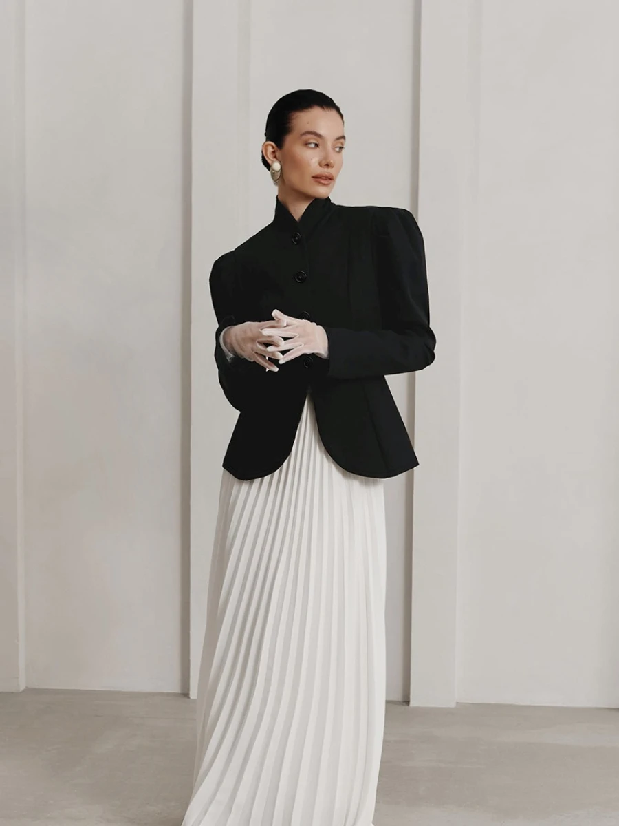 TWOTWINSTYLE Französisch Elegante Retro Schwarz Blazer für Frauen Stehen Kragen Puff Sleeve Abnehmen Pendler Mäntel Weibliche Winter Kleidung