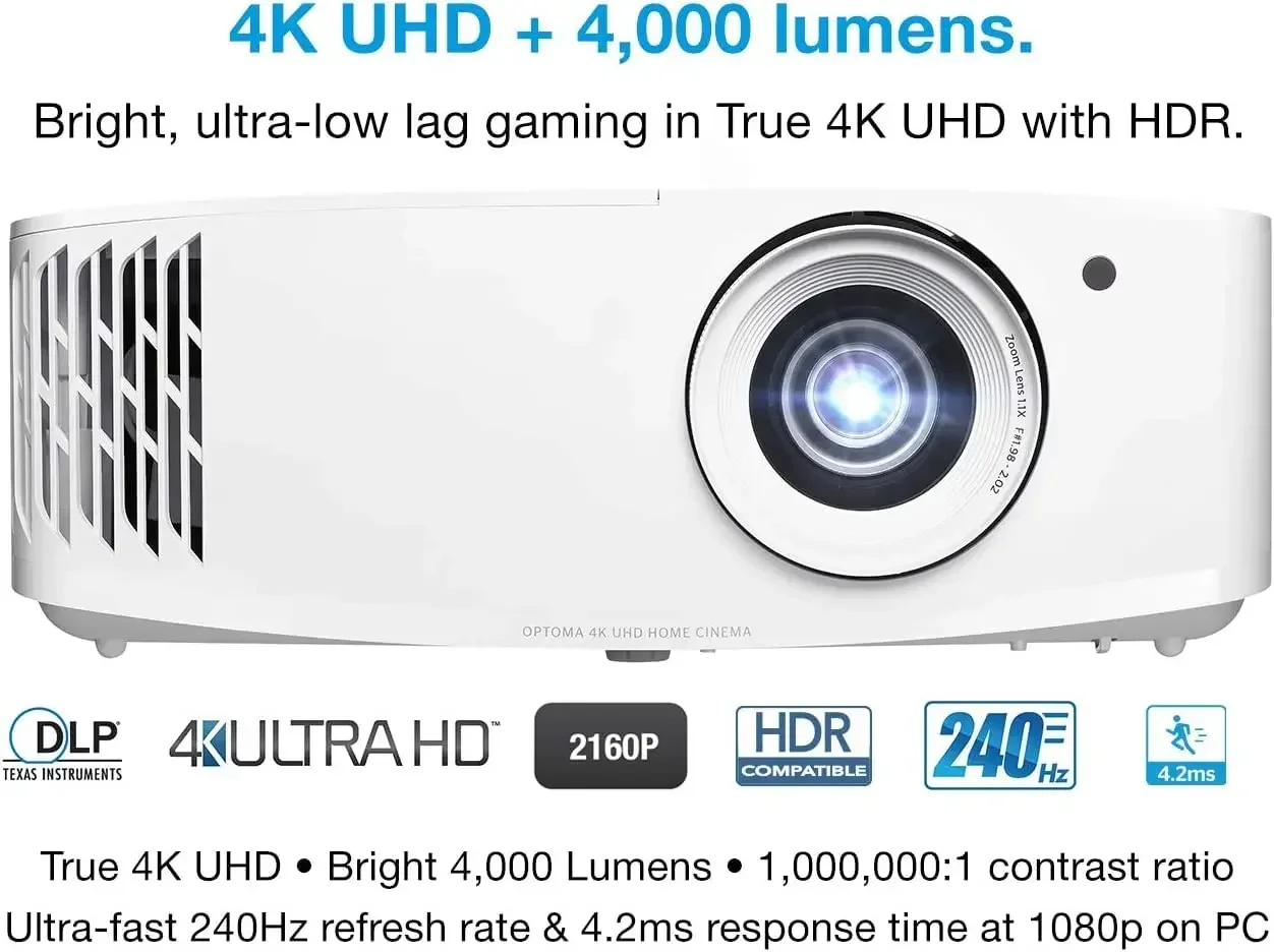 R Optoma UHD38x Projector 4K Ultra HD 4000 lumens 4.2ms response time 1080p 240Hz refresh rate HDR10 and HLG