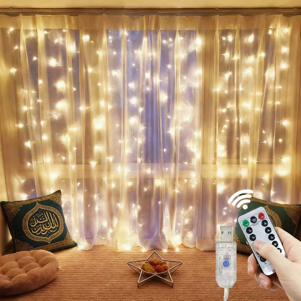 USB Plug 3/4/6m LED Curtain Fairy Lights Festoon Eid Mubarak Wedding Party Decor Window Bedroom Home 2026 Ramadan Decoration