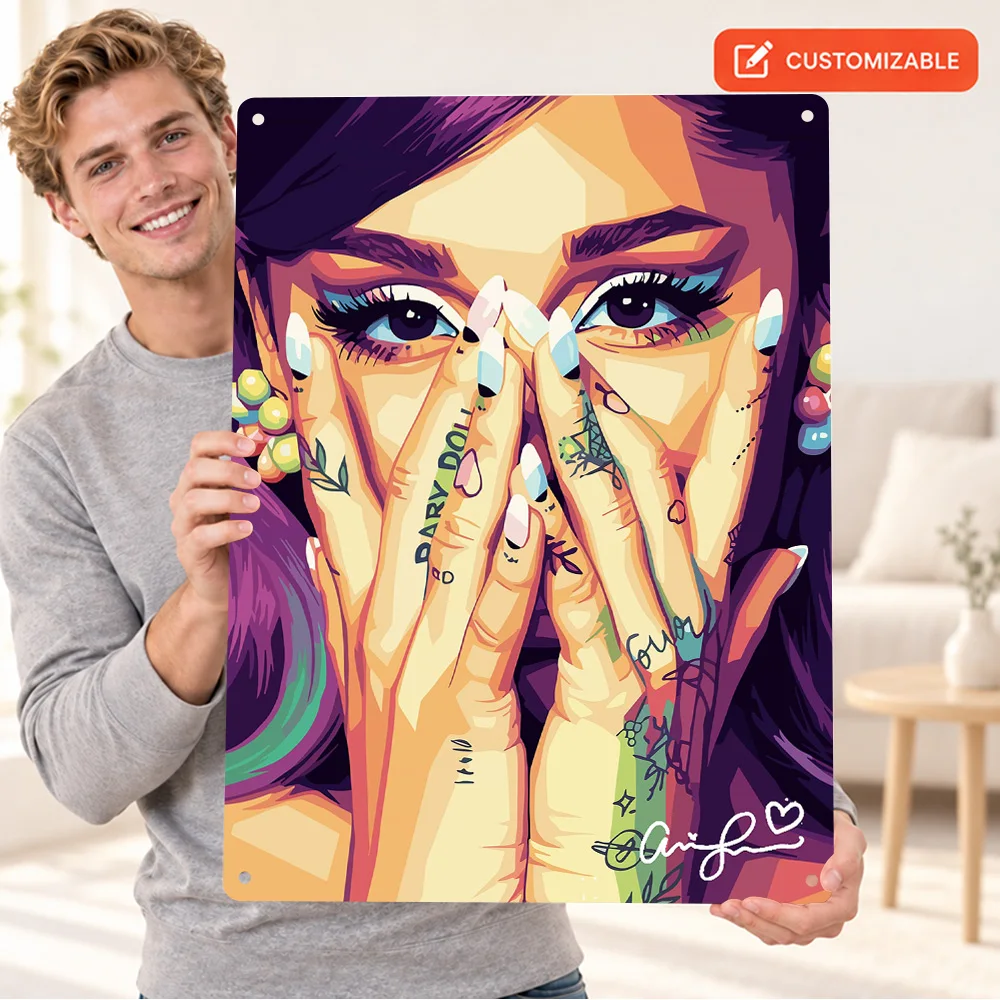 Ariana Grande Portrait Printed Poster Personalized Aluminum Metal Sign Geometric Illustration Wall Art In Music Listening Corner