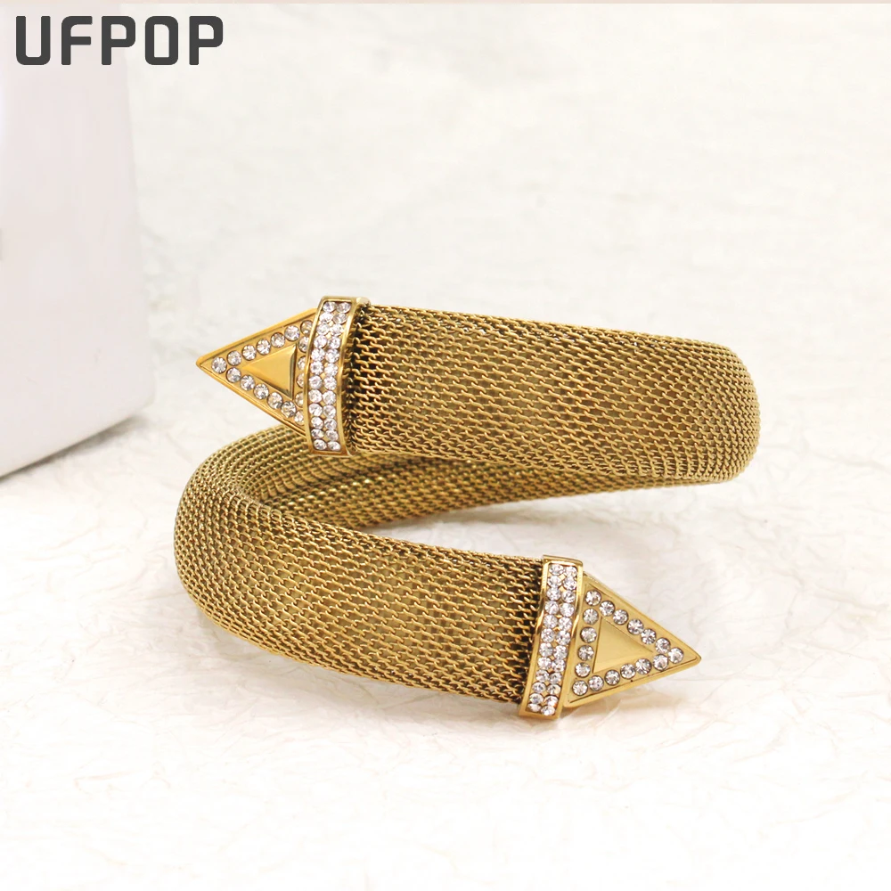 Attractive Gold Color Mesh Stainless Steel Cuff Bangle Charm 3A CZ Inlaid Arrows Chic Hand Accessories Waterproof