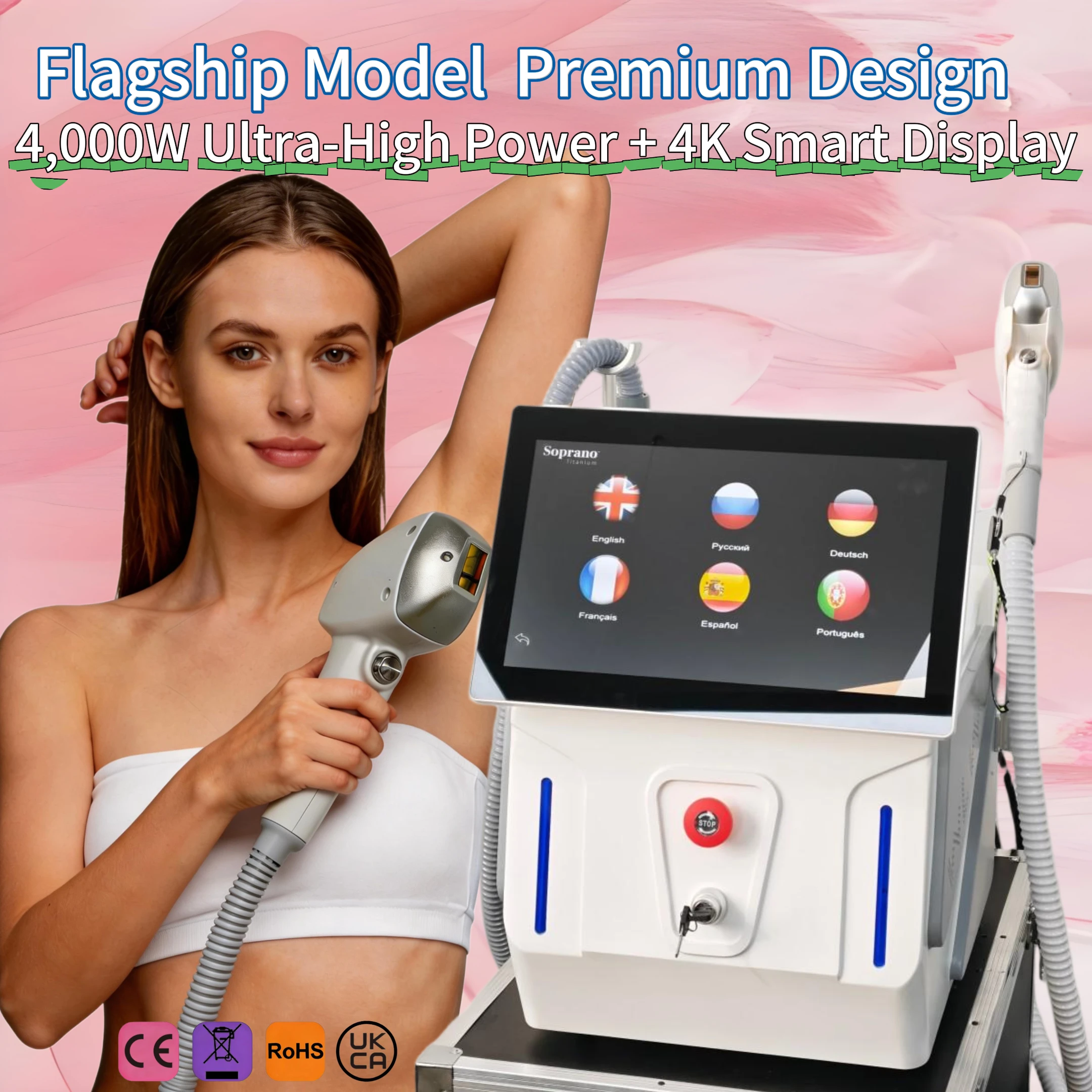 Soprano System 2IN1 Hair Removal & Skin Rejuvenation Machine 808nm+755nm+1064nm+940nm 4000W Professional Painless Permanent Lase