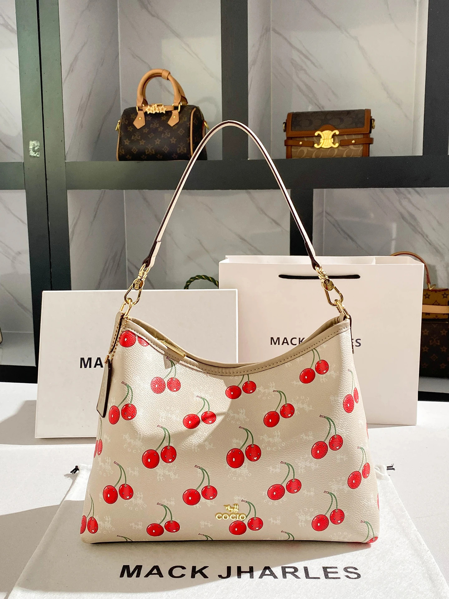 2025 Invierno nuevo en bolsos y bolsos de diseñador de lujo con gran capacidad lindo bolso de hombro con estampado de cereza para ir de compras