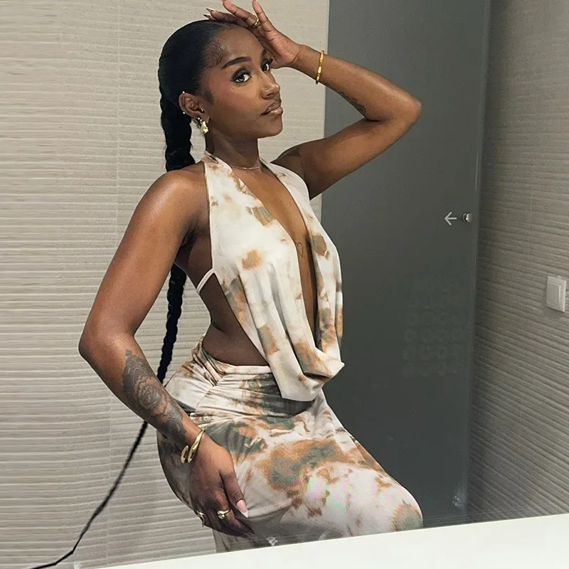 قطعتين مجموعات النساء تنورة مجموعة الخامس الرقبة مطابقة مجموعات عارية الذراعين بلايز مثير طباعة التنانير الطويلة سليم أطقم فساتين عالية الخصر نادي الحفلات #5