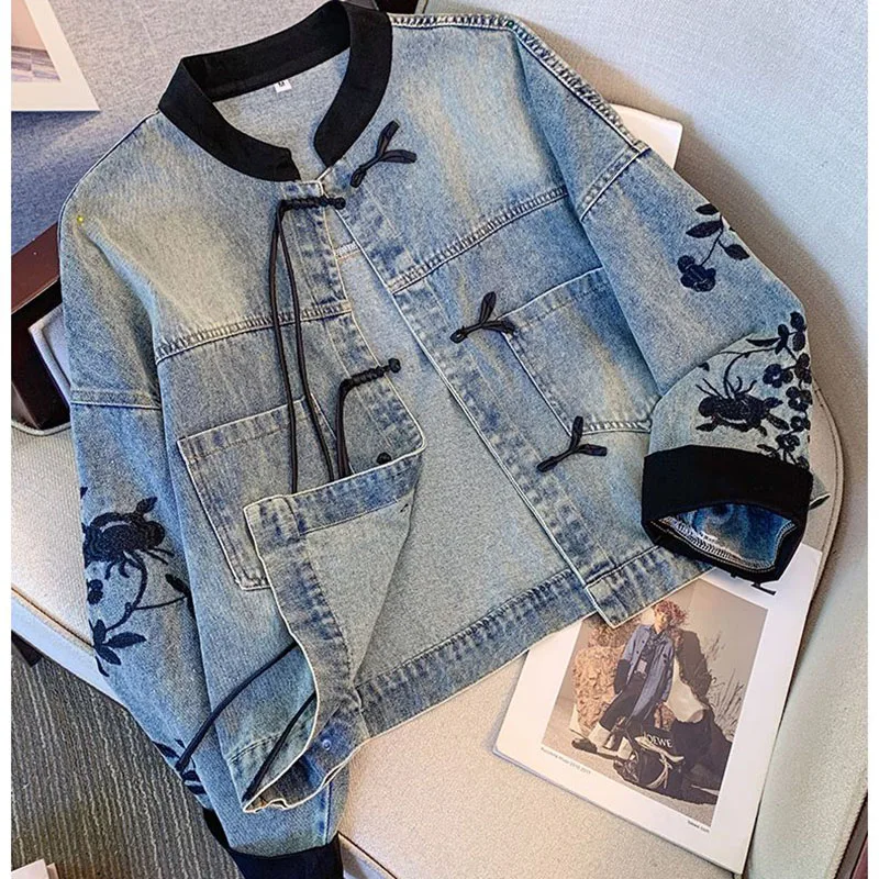 Vintage Chinesischen Stil Denim Jacke Abgeschnitten Mantel Frauen 2025 Frühling Herbst Ethnische Chic Tops Stickerei Weibliche Kleidung Neue Oberbekleidung