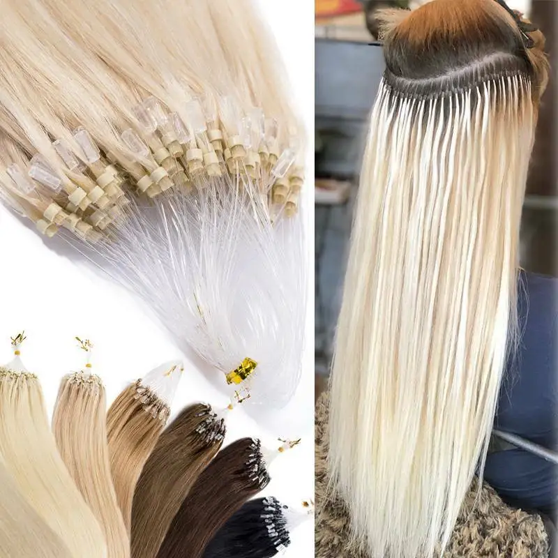 

100% Human Hair Micro Loop Ring Extensions Straight Weft Professional Grade Pre-looped Tips Available In 1B/4/613/27