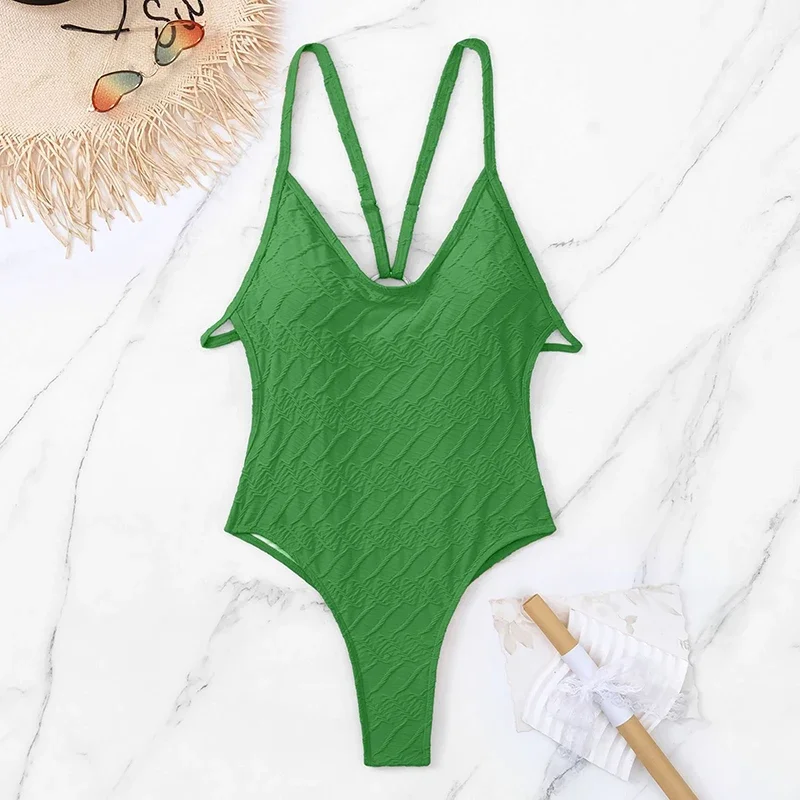 Traje de baño de Jacquard a la moda para mujer, traje de baño Sexy de una pieza con tirantes y espalda descubierta, traje de baño ajustado para vacaciones en la playa 2025
