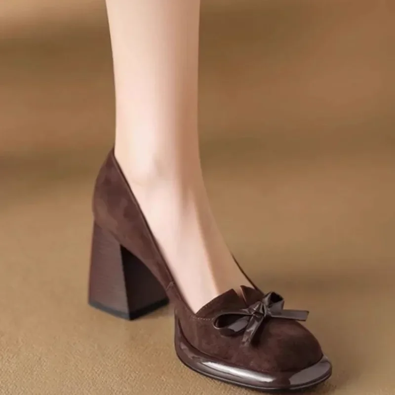 2024 Women Spring Pumps Chunky High Heels Shoes for Ladies New Bows Suede Fashion Heels Women Brown Platform Square Toe Zapatos