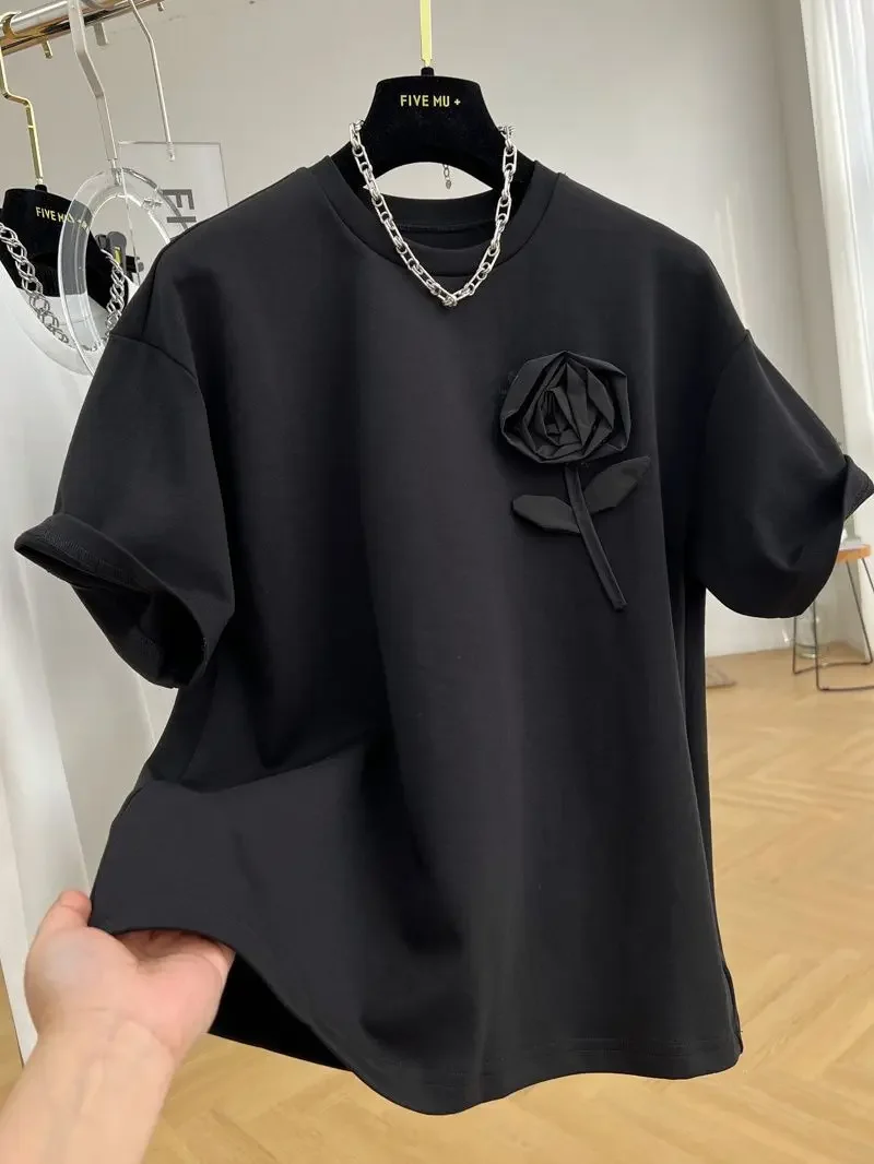 Special Offer Heavy Industry Three-Dimensional Flower Cotton  round Neck Short Sleeve T-shirt Female Summer New Top 2024