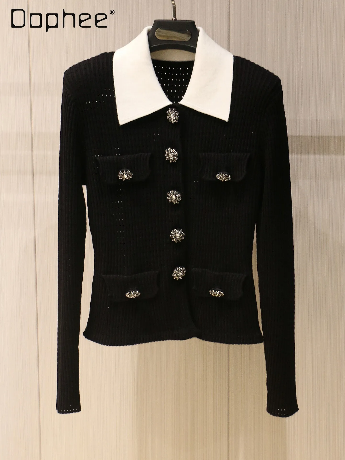 

French Temperament Hepburn Style Single-breasted Knitted Cardigan Women Commuter Trendy Lapel Slim Long-sleeved Sweater Cardigan