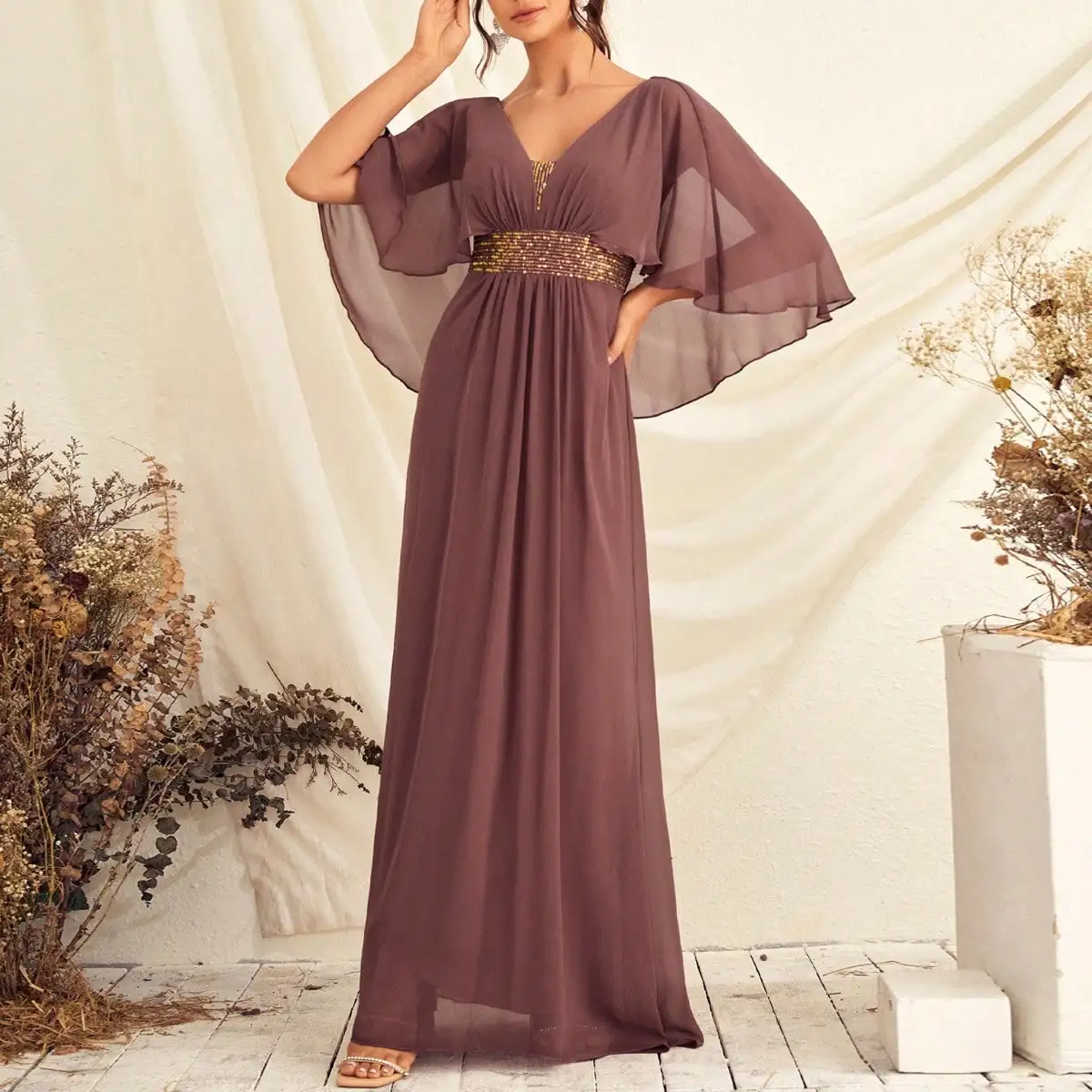 Unithorse Contrast Sequin Butterfly Sleeve Chiffon Bridesmaid Dress