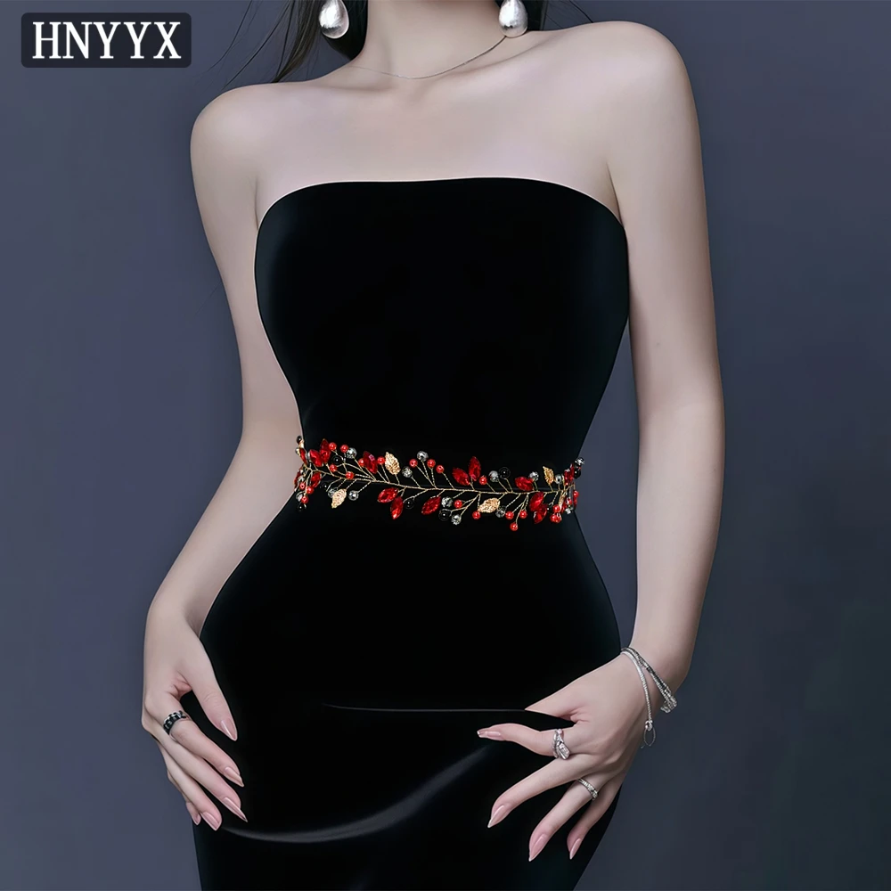 

HNYYX Fashion Crystal Bridal Belts Red Rhinestone Waist Decoration with Alloy Leaves Women Daily Belt Dress Accessories SA233