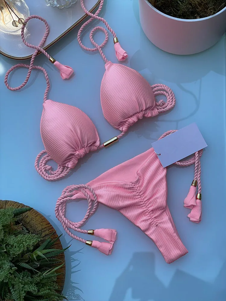 Maillot de bain à nervures pour femmes, Sexy, Micro, tanga, Bandage, col licou, brésilien, vêtements de plage, nouvelle collection, 2022