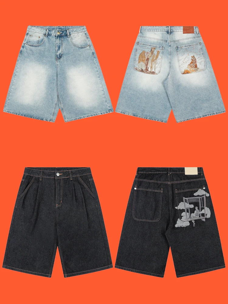 

Derschutze Air orts Casual Vintage American Trend Cloud Embroidery Denim Shorts Loose Fit mid Waist Youth Autumn