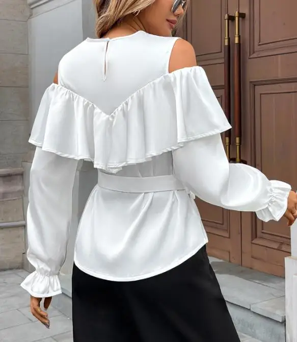 

Elegant Light Satin Shirt 2025 Spring Autumn Long Sleeve off Shoulder Ruffle Mature Style Women's Fashion Casual Top