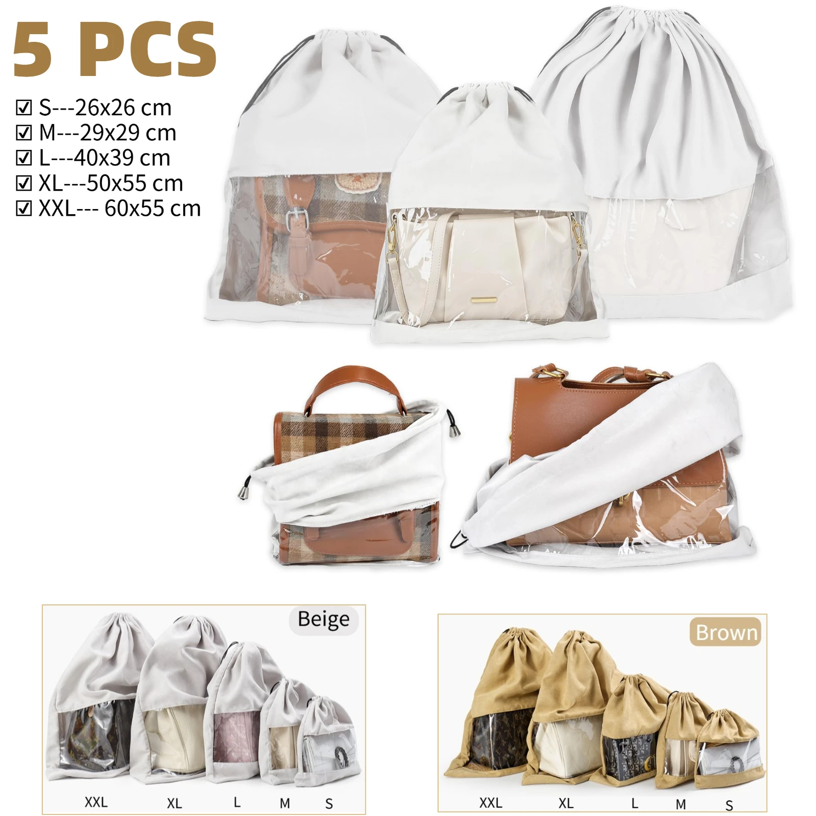 5 Sacos Protetores de Seda com Cordão para Bolsas, Sapatos e Botas - Grande Bolsa de Armazenamento para Bolsas e Calçados