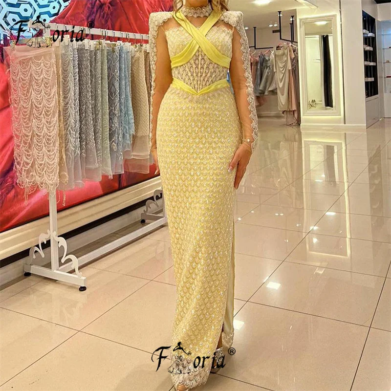 Sparkly Beads Sequin Yellow Long Sleeve Formal Occasion Dress Dubai Slit Mermaid Evening Party Gown Plus Size robe de soirée