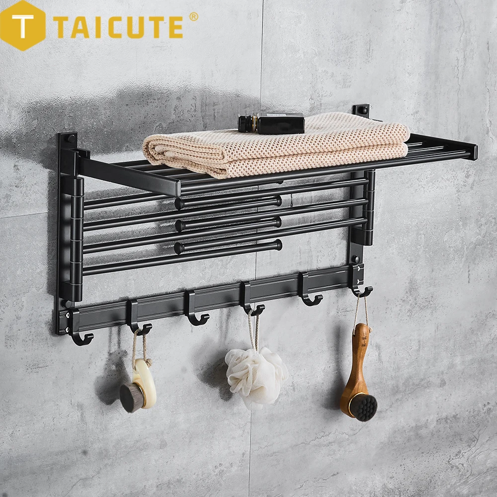 

TAICUTE Folding Towel Rack with 7 Towel Bars Toilet Holder Hanger Hooks Aluminum Wall Mount Bathroom Accessories Hardware