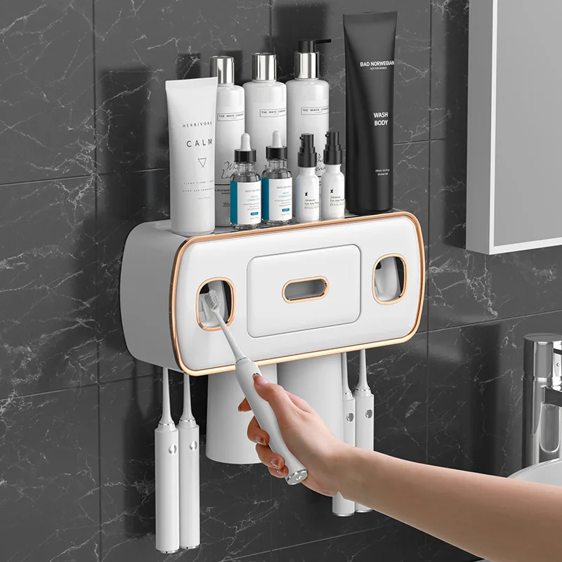 Magnetic Adsorption Inverted Toothbrush Holder Automatic Toothpaste Squeezer Dispenser Storage Rack Bathroom Accessories Home