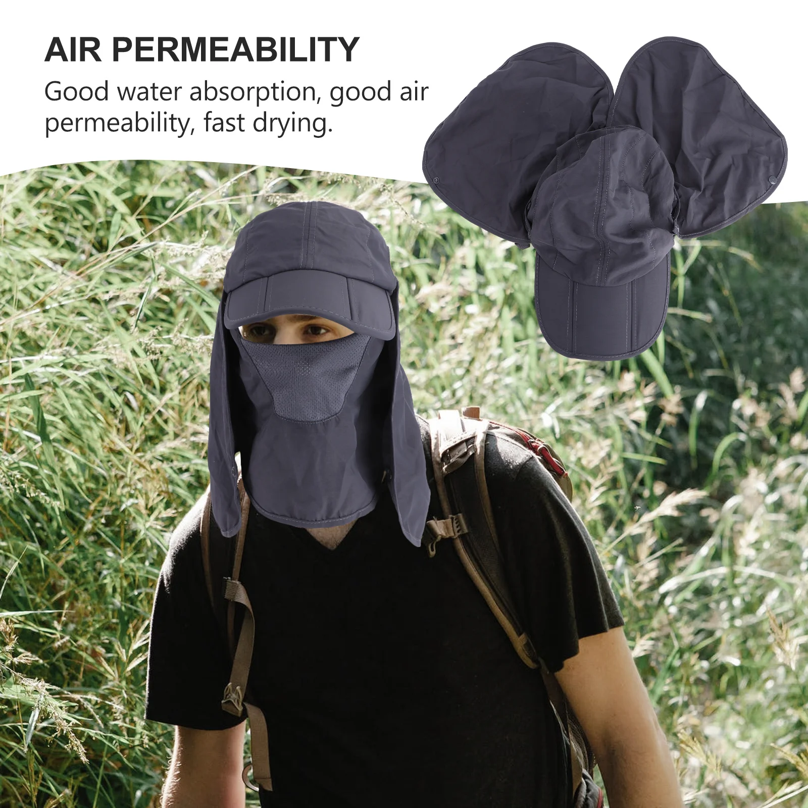 

Sun Protection Hat Dark Grey Quick Dry Breathable Neck Cover Mask Fishing Hiking Camping Outdoor Uv